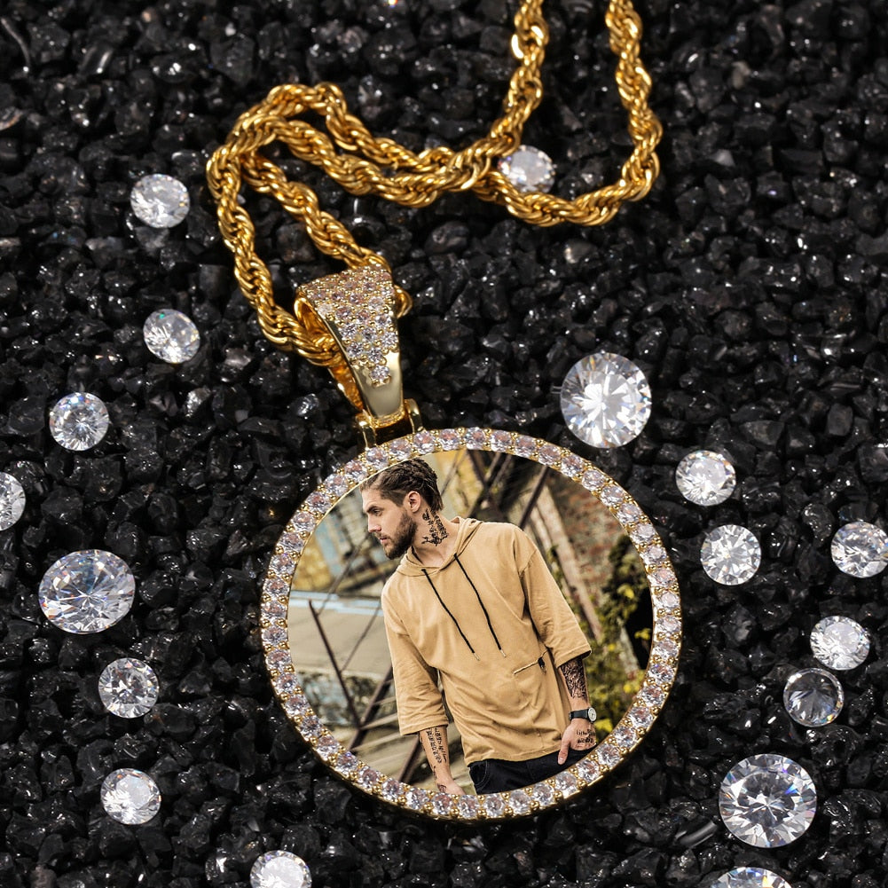 Custom Photo Pendant With Picture Charm  Necklace Round And Wing Men HipHop Jewelry For Gift Tennis Chain